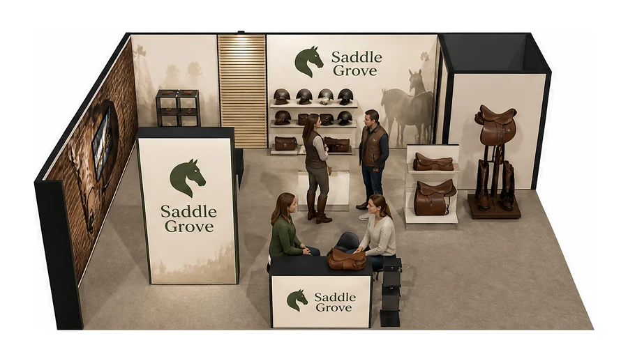Stoisko 8 × 6 m narożne lewe dla branży jeździectwo, przykładowa marka Saddle Grove