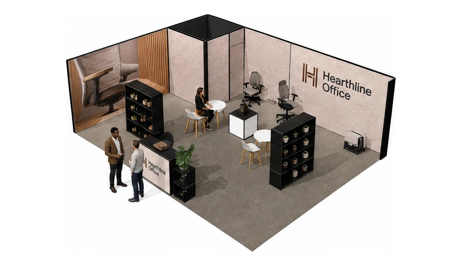 Stoisko 8 × 6 m narożne lewe dla branży meble biurowe, przykładowa marka Hearthline Office