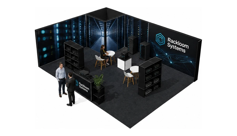 Stoisko 8 × 6 m narożne lewe dla branży infrastruktura IT i data center, przykładowa marka Rackloom Systems