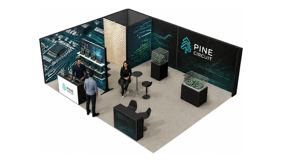 Stoisko 8 × 6 m narożne lewe dla branży komponenty elektroniczne, przykładowa marka Pine Circuit