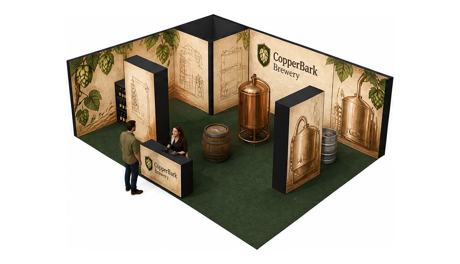Stoisko 8 × 6 m narożne lewe dla branży browar rzemieślniczy, przykładowa marka CopperBark Brewery