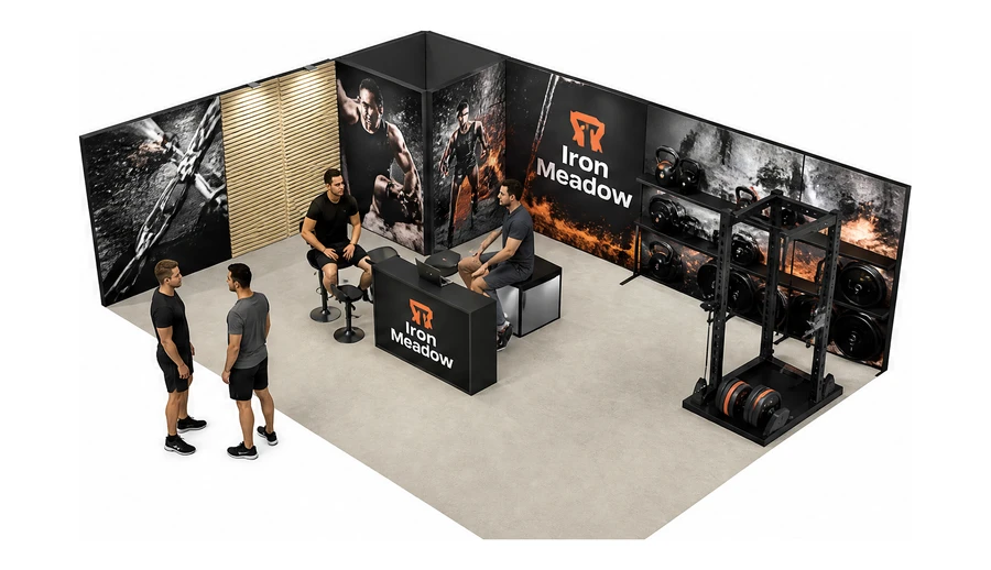 Stoisko 8 × 6 m narożne lewe dla branży fitness i siłownie, przykładowa marka Iron Meadow