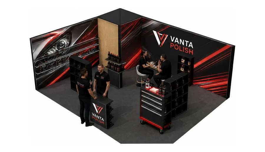 Stoisko 8 × 6 m narożne lewe dla branży tuning i detailing, przykładowa marka Vanta Polish