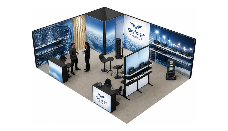 Stoisko 8 × 6 m narożne lewe dla branży lotnictwo, przykładowa marka Skyforge Avionics