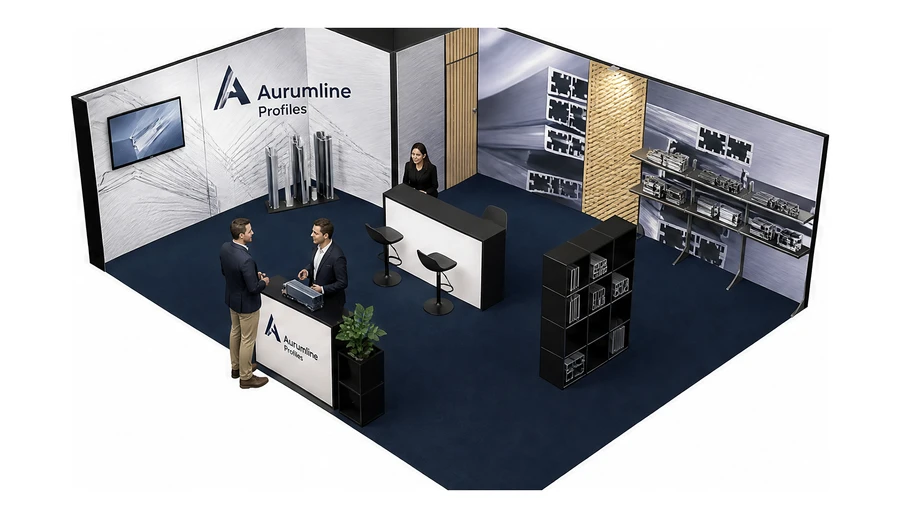 Stoisko 8 × 6 m narożne lewe dla branży profile aluminiowe, przykładowa marka Aurumline Profiles
