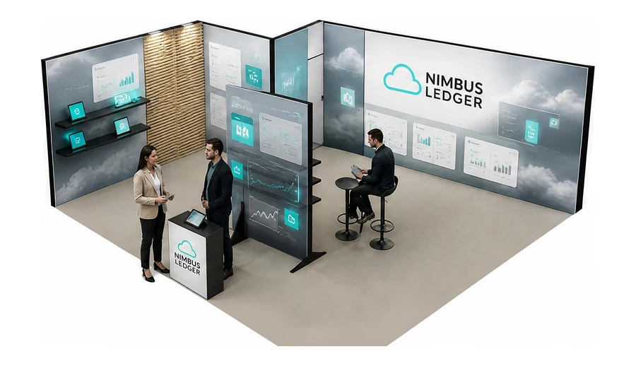 Stoisko 8 × 6 m narożne lewe dla branży oprogramowanie dla firm, przykładowa marka Nimbus Ledger