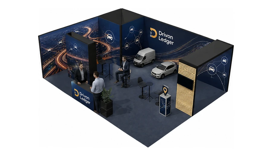 Stoisko 8 × 6 m narożne lewe dla branży flota i leasing aut, przykładowa marka Drivon Ledger
