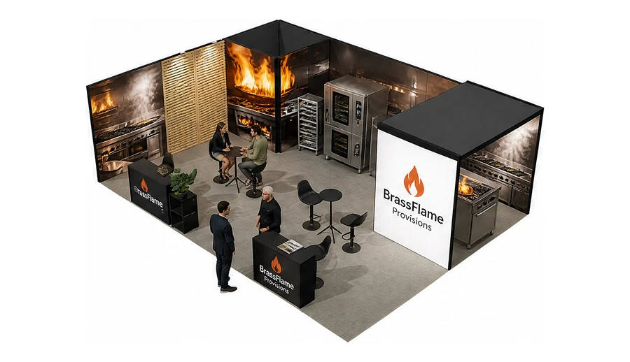 Stoisko 8 × 6 m narożne lewe dla branży wyposażenie gastronomii, przykładowa marka BrassFlame Provisions