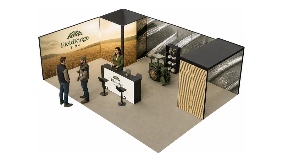 Stoisko 8 × 6 m narożne lewe dla branży maszyny rolnicze, przykładowa marka FieldRidge Iron