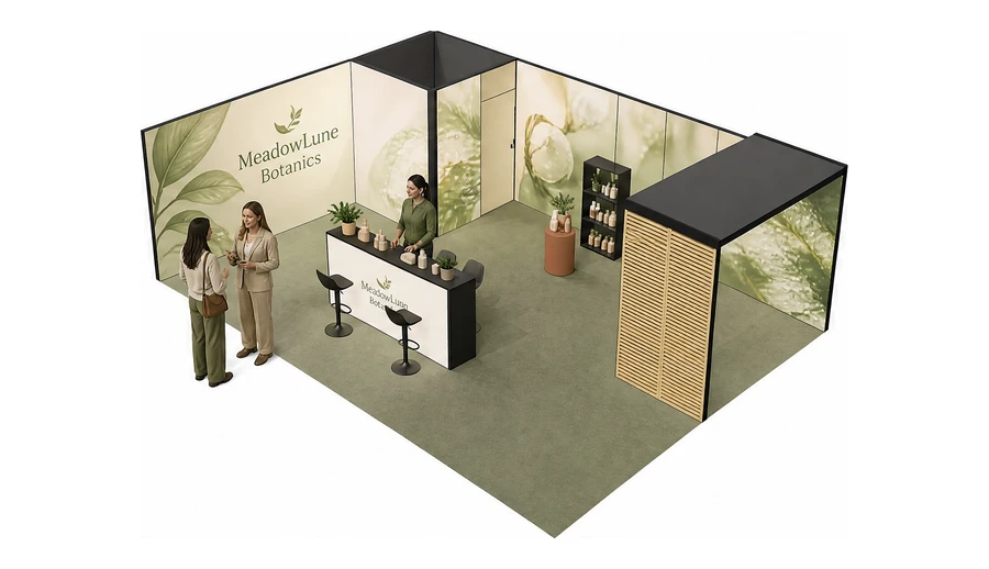 Stoisko 8 × 6 m narożne lewe dla branży kosmetyki naturalne, przykładowa marka MeadowLune Botanics