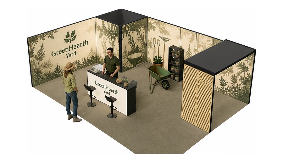 Stoisko 8 × 6 m narożne lewe dla branży ogród i architektura krajobrazu, przykładowa marka GreenHearth Yard
