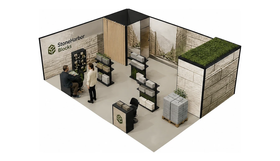 Stoisko 8 × 6 m narożne lewe dla branży materiały budowlane, przykładowa marka StoneHarbor Blocks