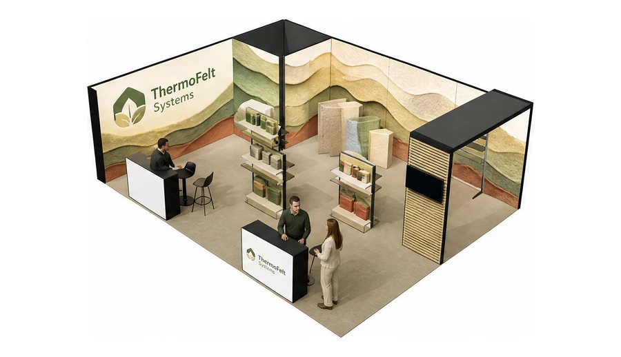 Stoisko 8 × 6 m narożne lewe dla branży izolacje techniczne, przykładowa marka ThermoFelt Systems