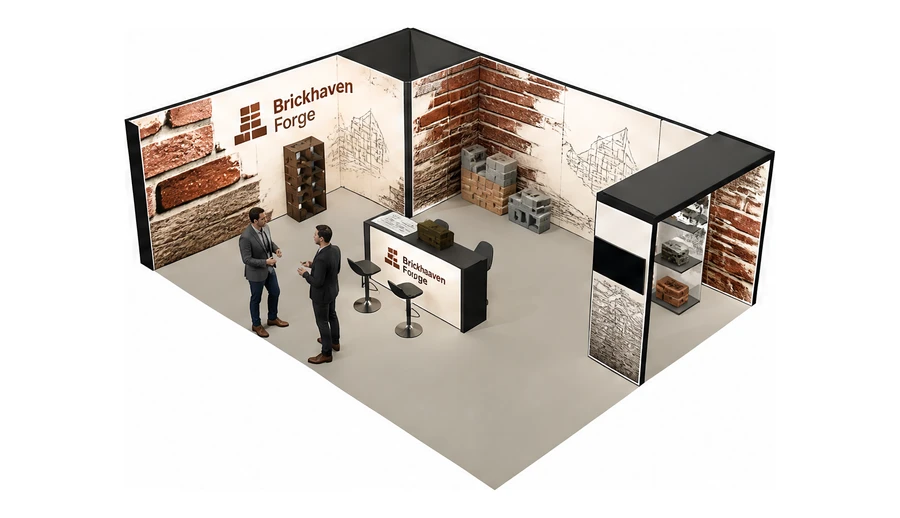 Stoisko 8 × 6 m narożne lewe dla branży materiały budowlane, przykładowa marka Brickhaven Forge
