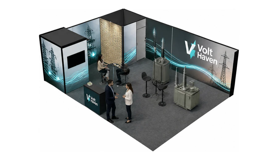Stoisko 8 × 6 m narożne lewe dla branży energetyka i sieci, przykładowa marka Volt Haven
