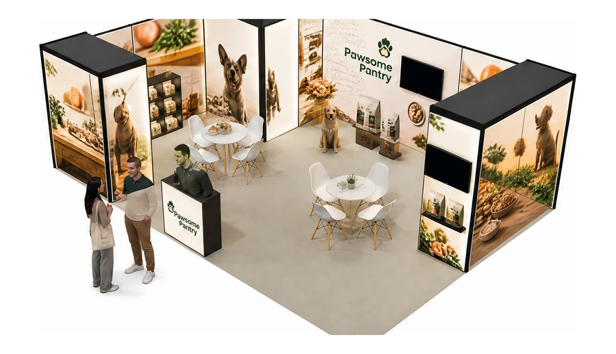 Stoisko 8 × 6 m narożne lewe dla branży karma dla zwierząt, przykładowa marka Pawsome Pantry