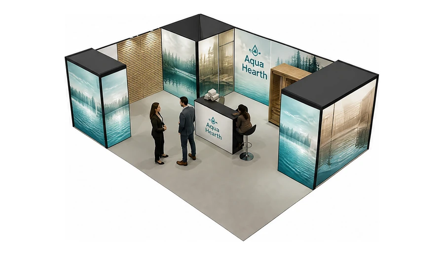 Stoisko 8 × 6 m narożne lewe dla branży baseny i sauny, przykładowa marka Aqua Hearth