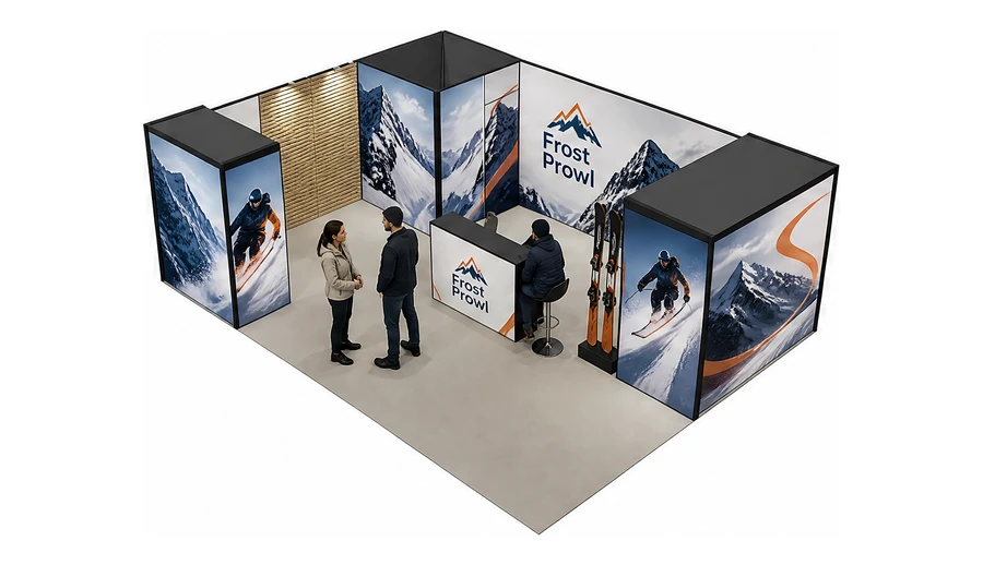 Stoisko 8 × 6 m narożne lewe dla branży narciarstwo i sporty zimowe, przykładowa marka Frost Prowl
