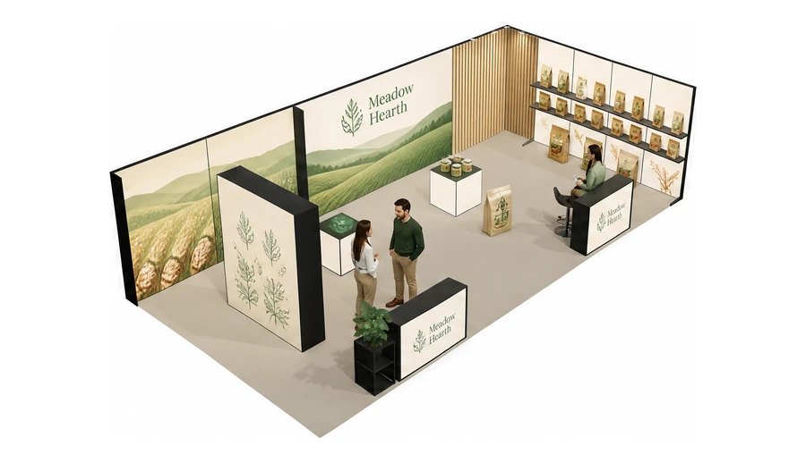 Stoisko 10 × 5 m narożne prawe dla branży żywność ekologiczna, przykładowa marka Meadow Hearth