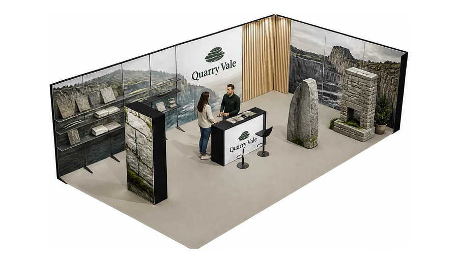 Stoisko 10 × 5 m narożne prawe dla branży kamień i kamieniarstwo, przykładowa marka Quarry Vale