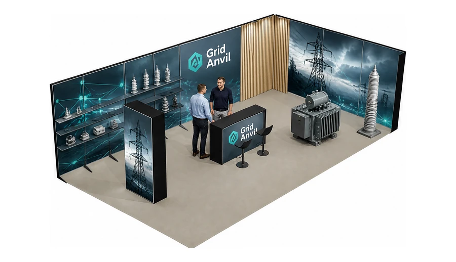 Stoisko 10 × 5 m narożne prawe dla branży energetyka i sieci, przykładowa marka Grid Anvil