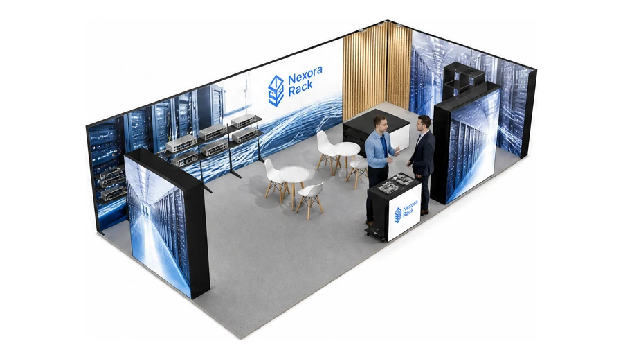 Stoisko 10 × 5 m narożne prawe dla branży infrastruktura IT i data center, przykładowa marka Nexora Rack