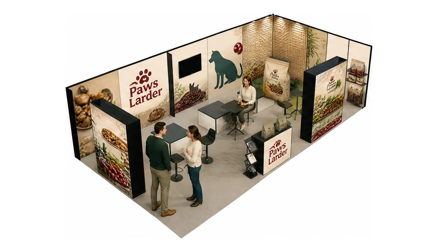 Stoisko 10 × 5 m narożne prawe dla branży karma dla zwierząt, przykładowa marka Paws Larder