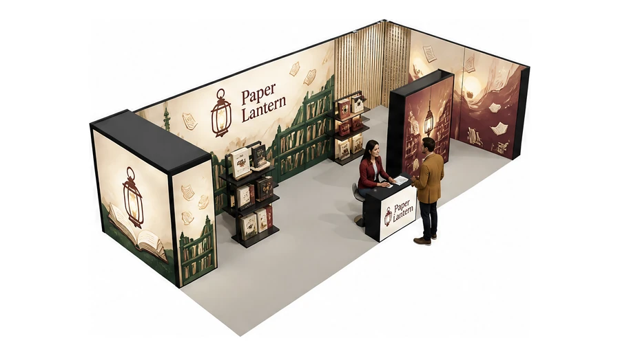 Stoisko 10 × 5 m narożne prawe dla branży wydawnictwa, przykładowa marka Paper Lantern