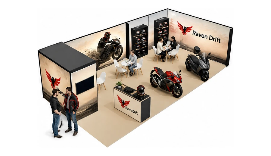 Stoisko 10 × 5 m narożne prawe dla branży motocykle i skutery, przykładowa marka Raven Drift