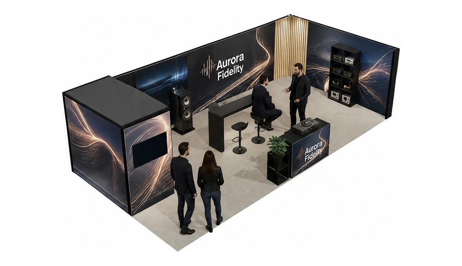 Stoisko 10 × 5 m narożne prawe dla branży sprzęt audio-video, przykładowa marka Aurora Fidelity