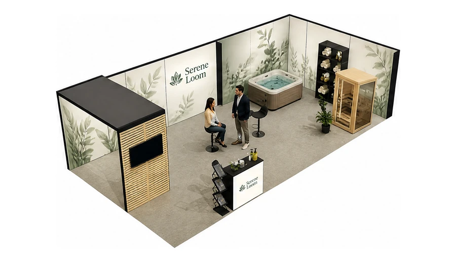 Stoisko 10 × 5 m narożne prawe dla branży spa i wellness, przykładowa marka Serene Loom
