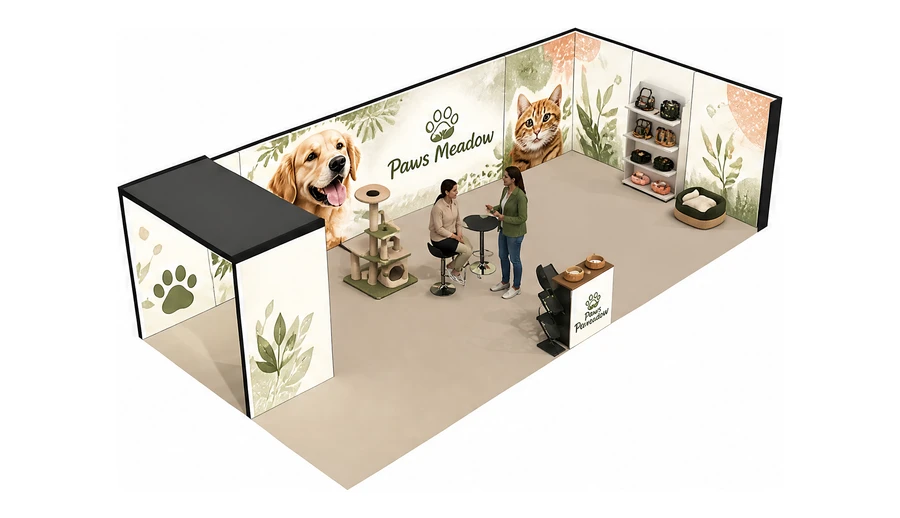 Stoisko 10 × 5 m narożne prawe dla branży akcesoria dla zwierząt, przykładowa marka Paws Meadow