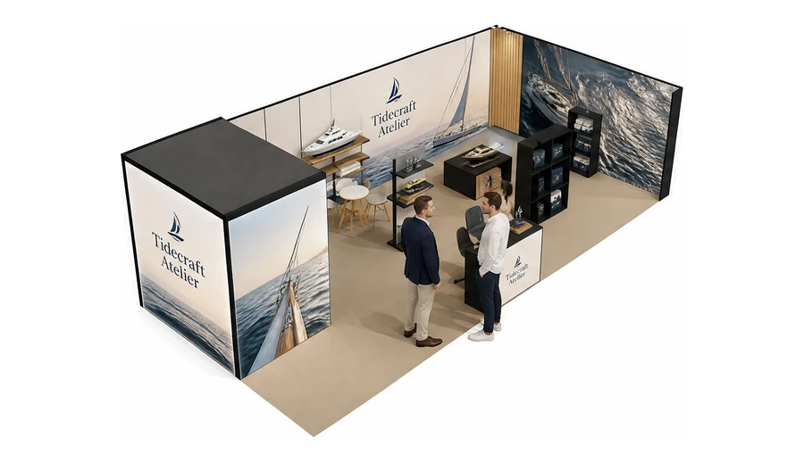 Stoisko 10 × 5 m narożne prawe dla branży jachty i łodzie, przykładowa marka Tidecraft Atelier
