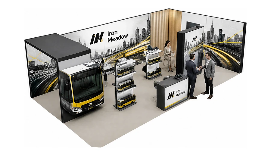 Stoisko 10 × 5 m narożne prawe dla branży autobusy i transport zbiorowy, przykładowa marka Iron Meadow