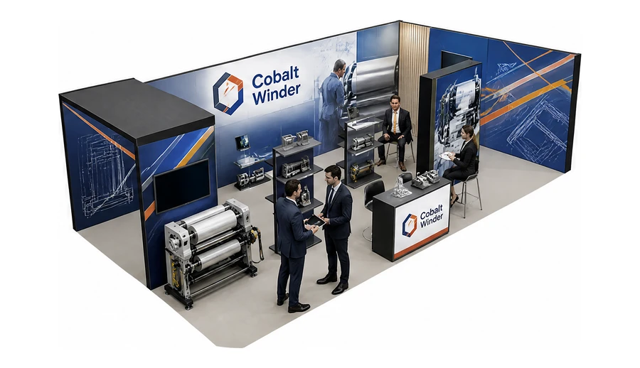 Stoisko 10 × 5 m narożne prawe dla branży maszyny pakujące, przykładowa marka Cobalt Winder