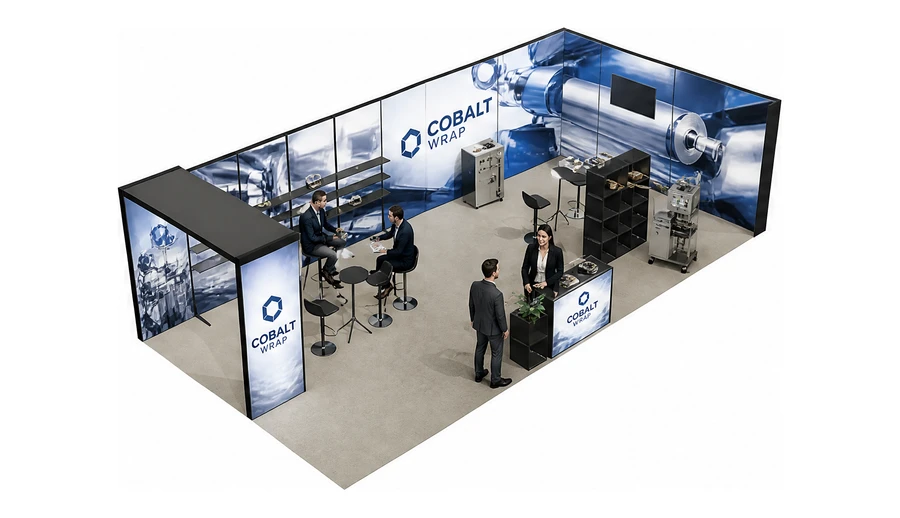 Stoisko 10 × 5 m narożne prawe dla branży maszyny pakujące, przykładowa marka Cobalt Wrap