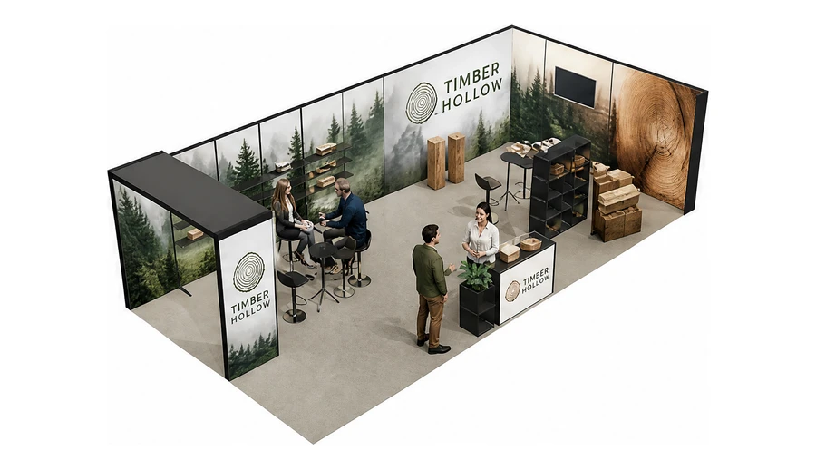 Stoisko 10 × 5 m narożne prawe dla branży leśnictwo i przemysł drzewny, przykładowa marka Timber Hollow