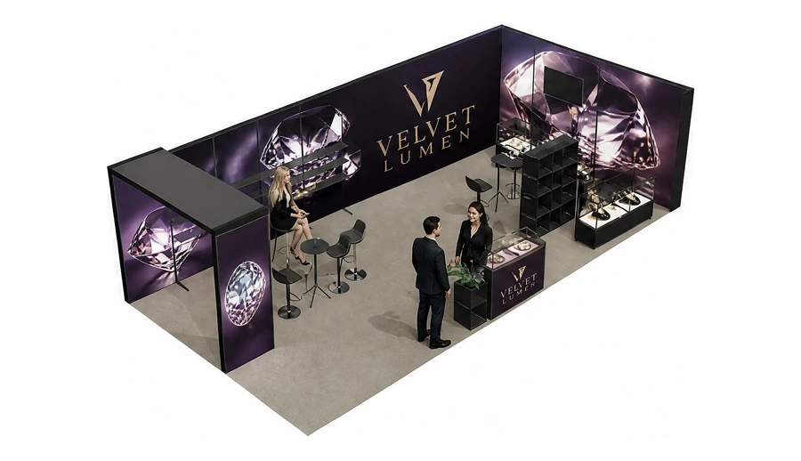 Stoisko 10 × 5 m narożne prawe dla branży biżuteria, przykładowa marka Velvet Lumen