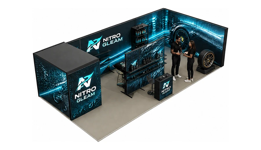 Stoisko 10 × 5 m narożne prawe dla branży tuning i detailing, przykładowa marka Nitro Gleam