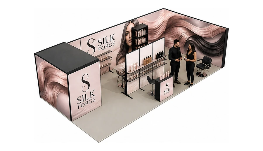 Stoisko 10 × 5 m narożne prawe dla branży fryzjerstwo i salony beauty, przykładowa marka Silk Forge