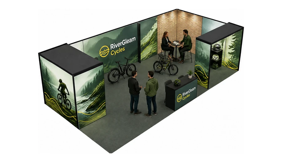 Stoisko 10 × 5 m narożne prawe dla branży rowery elektryczne, przykładowa marka RiverGleam Cycles