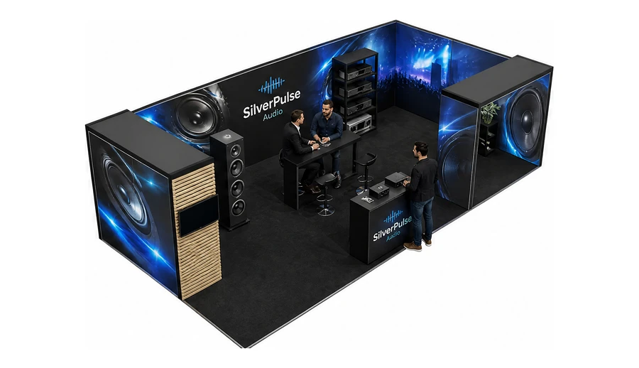 Stoisko 10 × 5 m narożne prawe dla branży sprzęt audio-video, przykładowa marka SilverPulse Audio
