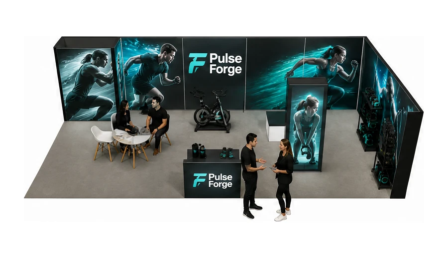 Stoisko 10 × 5 m narożne prawe dla branży fitness i siłownie, przykładowa marka Pulse Forge