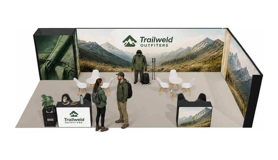 Stoisko 10 × 5 m narożne prawe dla branży odzież i sprzęt outdoorowy, przykładowa marka Trailweld Outfitters