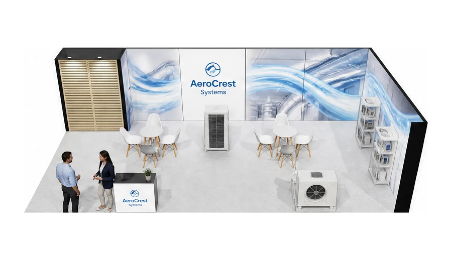 Stoisko 10 × 5 m narożne prawe dla branży wentylacja i klimatyzacja, przykładowa marka AeroCrest Systems