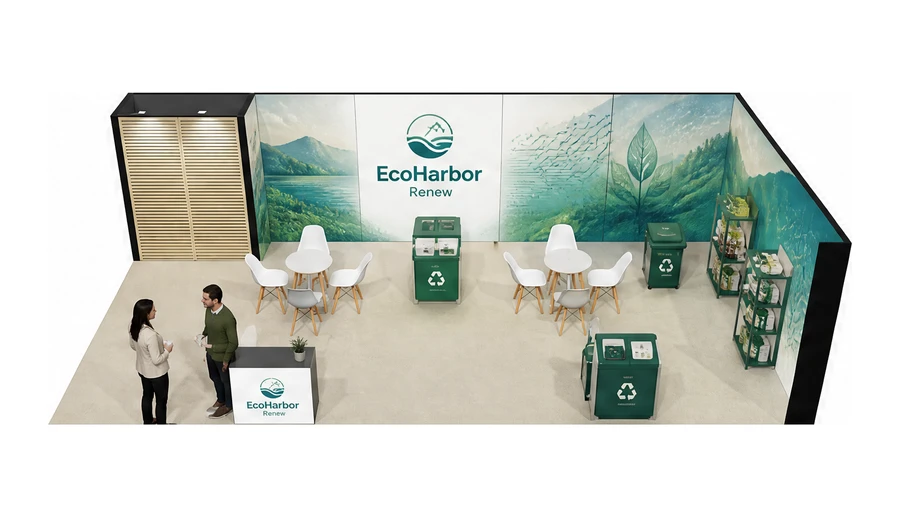 Stoisko 10 × 5 m narożne prawe dla branży recykling i ochrona środowiska, przykładowa marka EcoHarbor Renew