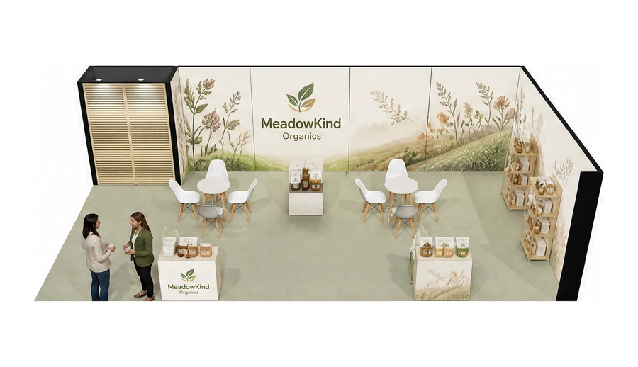 Stoisko 10 × 5 m narożne prawe dla branży żywność ekologiczna, przykładowa marka MeadowKind Organics