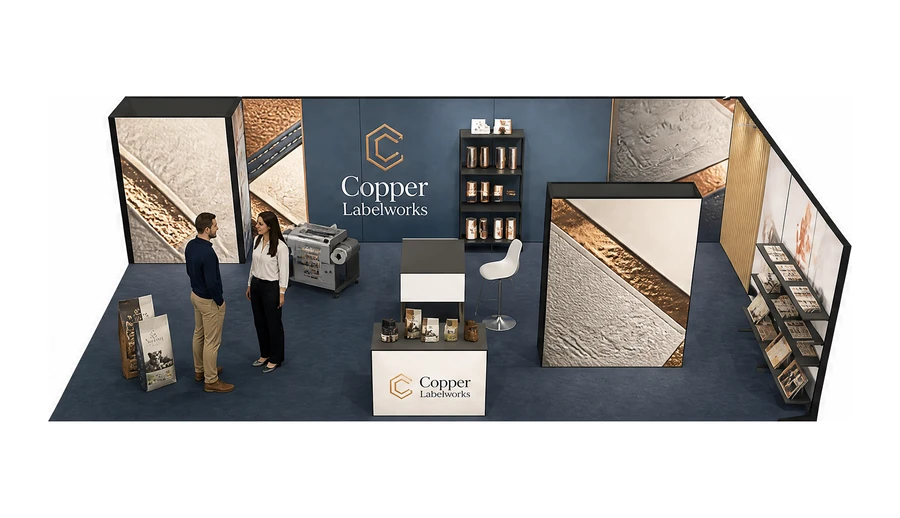 Stoisko 10 × 5 m narożne prawe dla branży etykiety i poligrafia, przykładowa marka Copper Labelworks