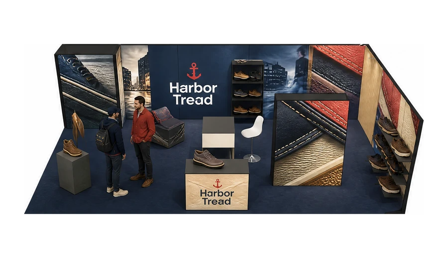 Stoisko 10 × 5 m narożne prawe dla branży obuwie, przykładowa marka Harbor Tread
