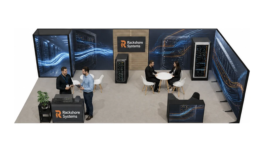 Stoisko 10 × 5 m narożne prawe dla branży infrastruktura IT i data center, przykładowa marka Rackshore Systems